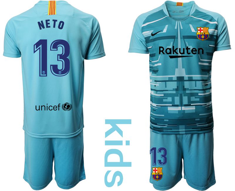 Youth 2019-2020 club Barcelona lake blue goalkeeper #13 Soccer Jerseys->barcelona jersey->Soccer Club Jersey